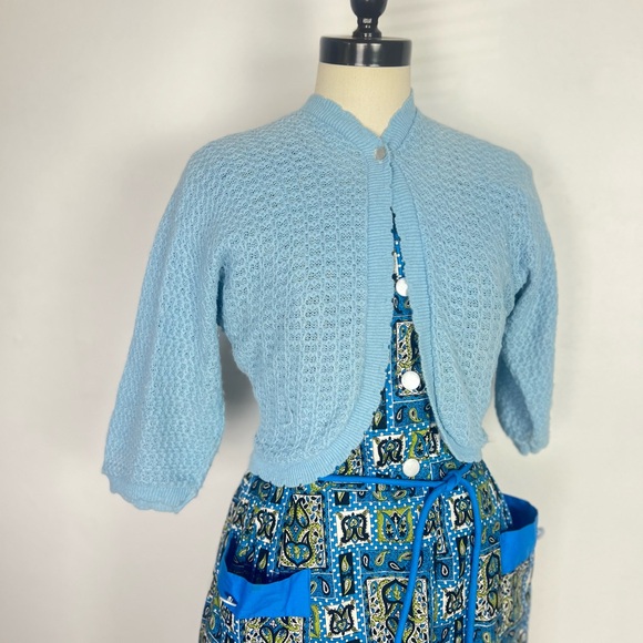 1950’s 50s Vintage Baby Blue Plus Size Women's Bolero Cardigan Sweater XL 42B - Picture 2 of 11